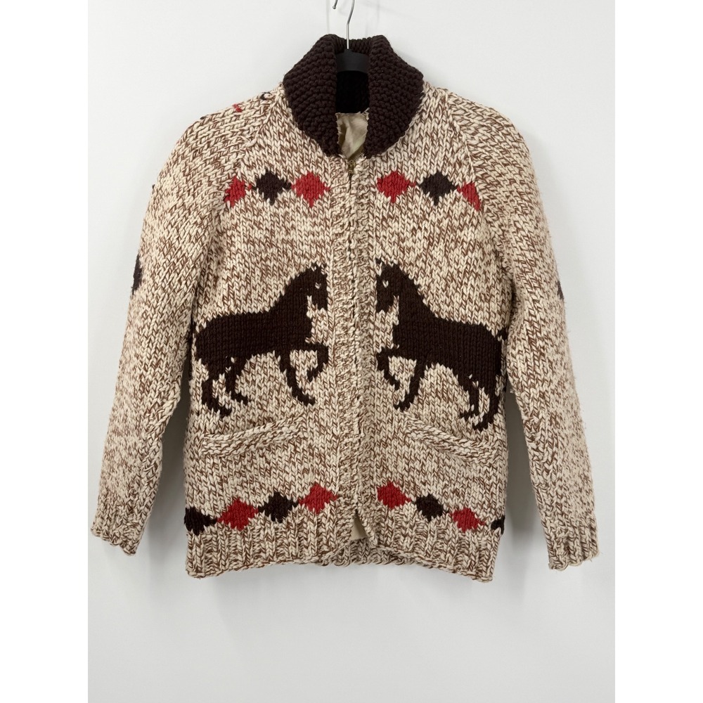 Vtg 50s Horse Cowichan Style Cardigan Wool Sweater sz M heavy western grandpa